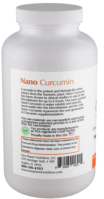One Planet Nutrition Nano Curcumin bottle side profile showing ingredient list