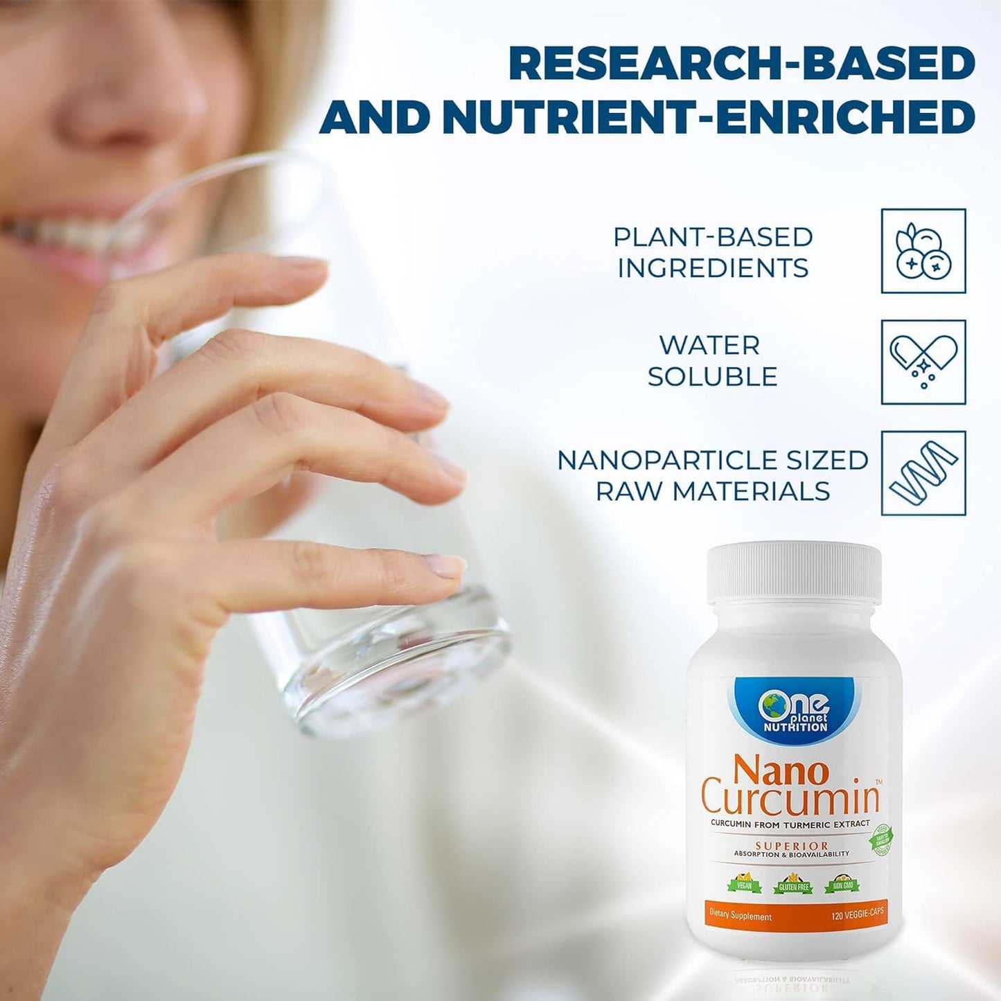 One Planet Nutrition Nano Curcumin bottle held in hand for scale