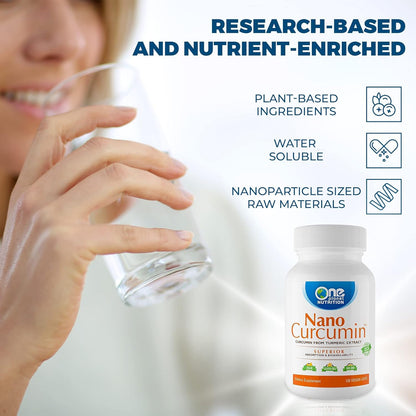 One Planet Nutrition Nano Curcumin bottle held in hand for scale