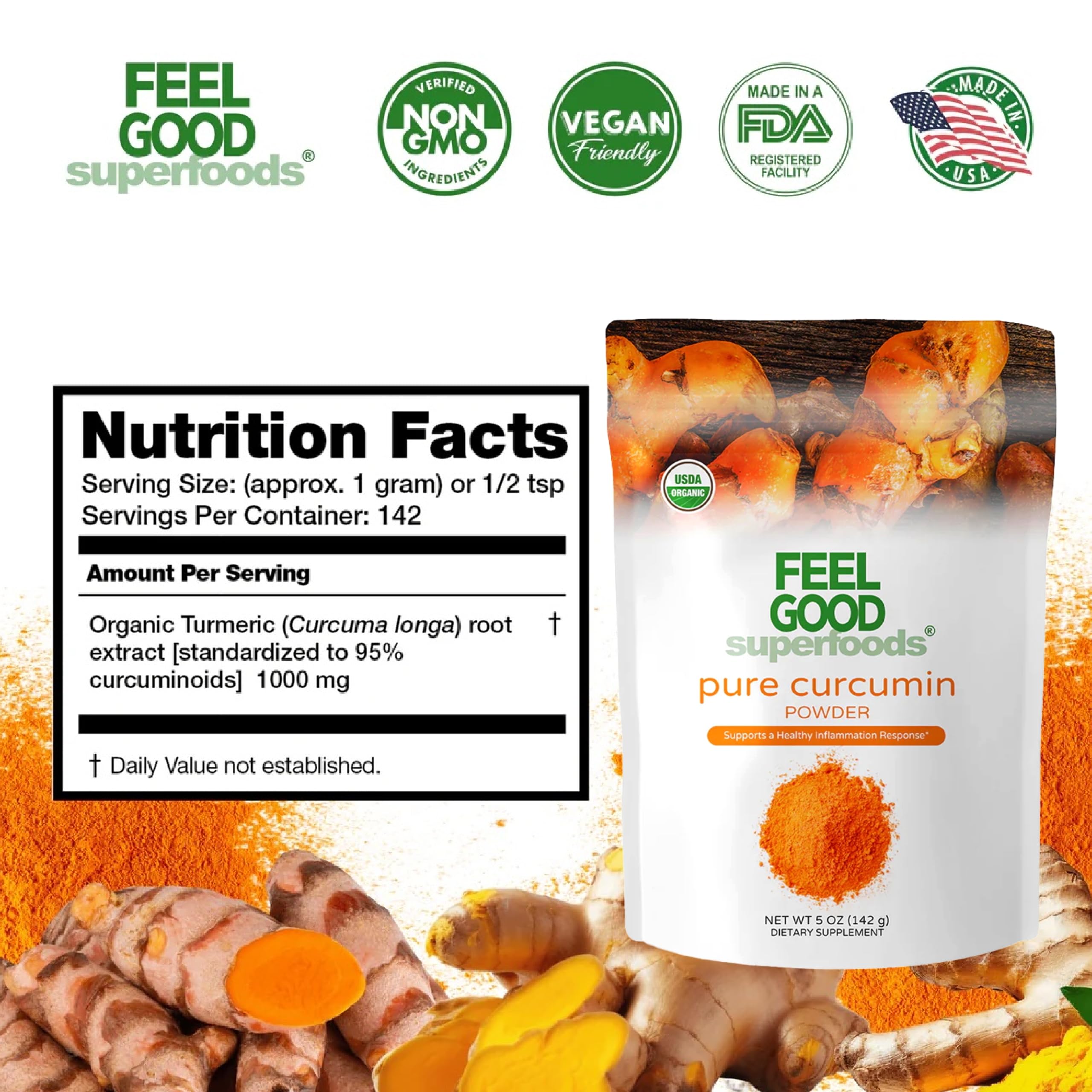 Feel Good Curcumin Powder organic supplement bag back label