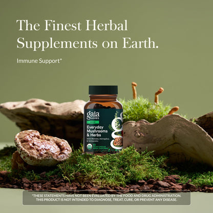 Gaia Herbs Everyday Immune 60 capsules packaging displaying ingredient list and nutritional facts