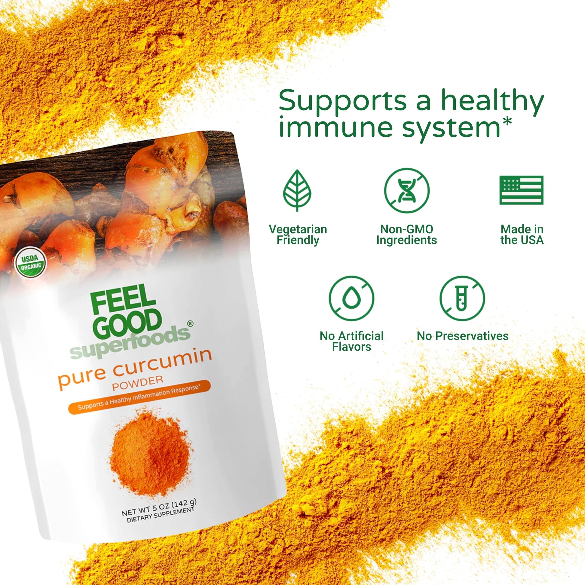 Side profile of Feel Good 5 ounce organic curcumin bag