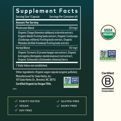 Side profile of Gaia Herbs Mushrooms plus Herbs dietary supplement showing organic certification symbols