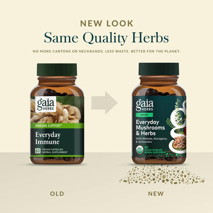 Authentic USA imported Gaia Herbs Everyday Mushrooms supplement bottle highlighting vegan and gluten-free labels