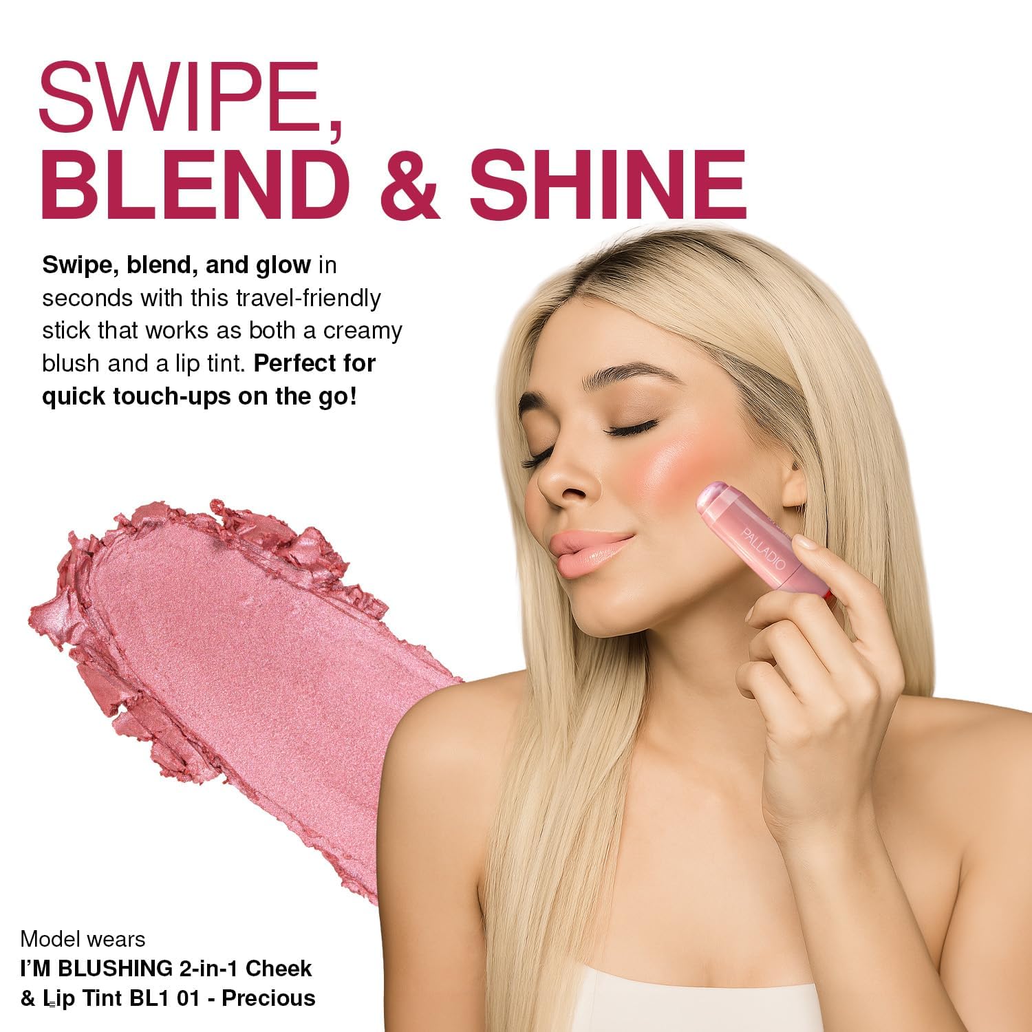 Authentic USA imported Palladio beauty cream blush stick for lips and cheeks.