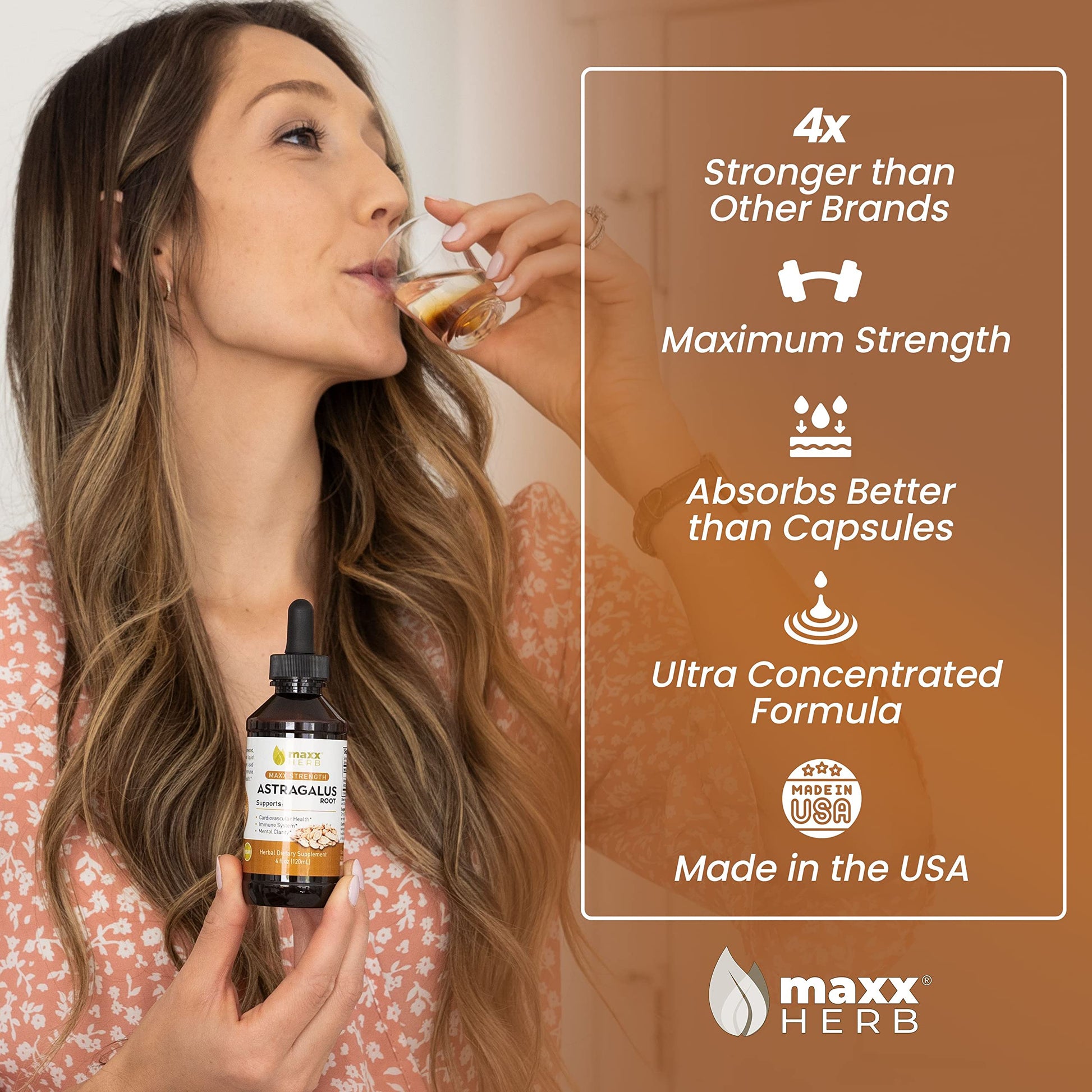 Maxx Herb Astragalus Root liquid tincture dropper bottle displaying clean vegan and non-GMO ingredient labeling.