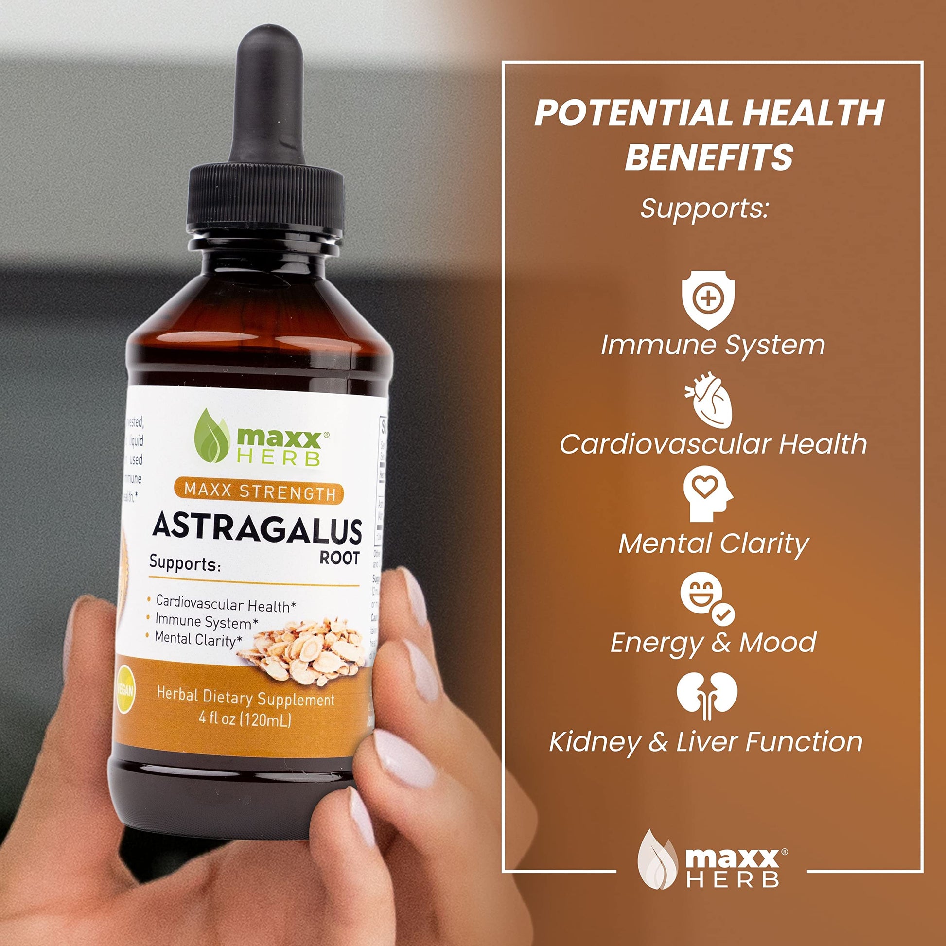 Close-up of the maximum strength eight pounds per gallon concentration details on the Maxx Herb Astragalus bottle.