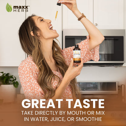 Side angle of the authentic USA imported Maxx Herb Astragalus liquid supplement showing clear usage instructions.
