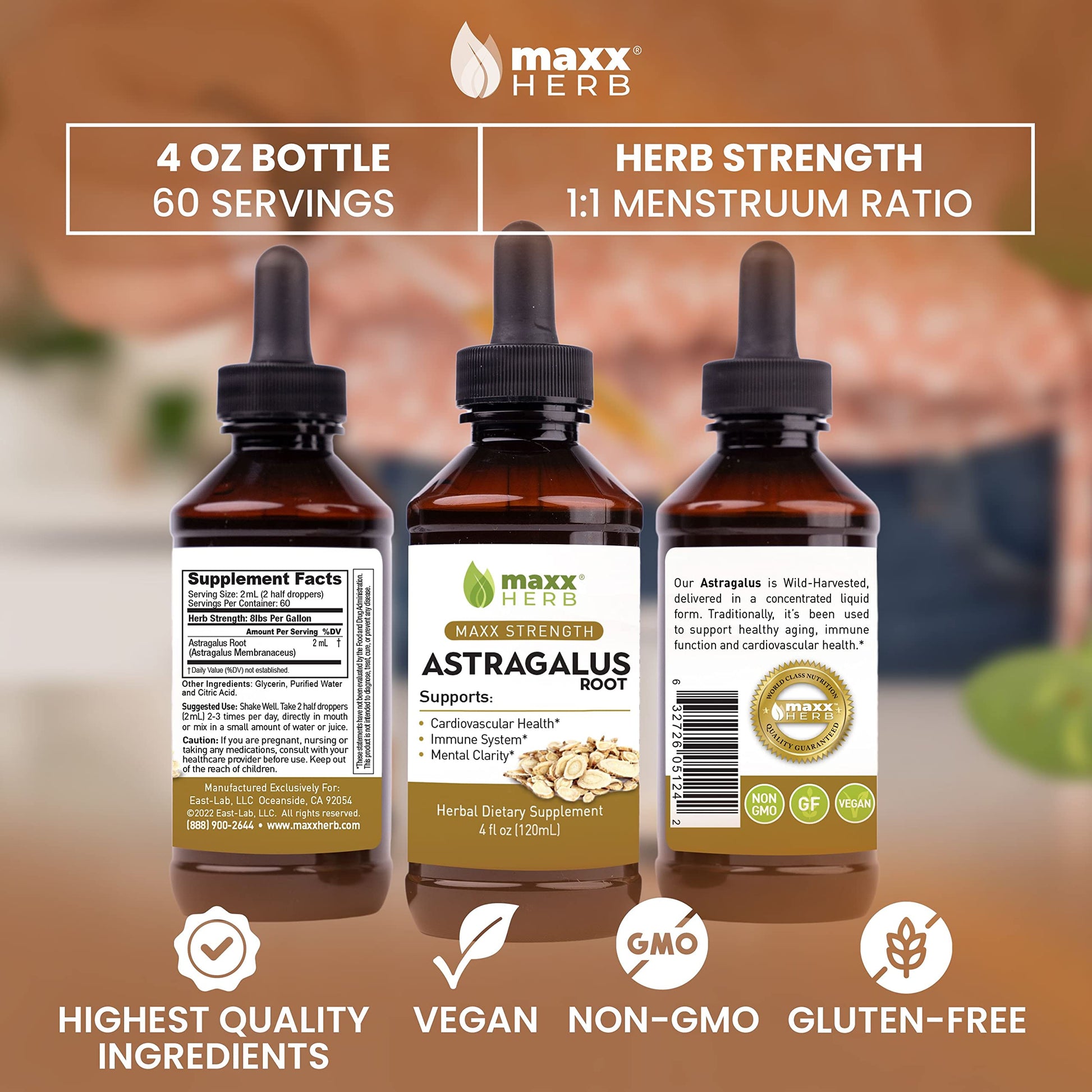 Maxx Herb Astragalus Root Liquid Extract showcasing the four fluid ounce packaging and easy-to-use dropper cap.