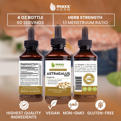 Maxx Herb Astragalus Root Liquid Extract showcasing the four fluid ounce packaging and easy-to-use dropper cap.