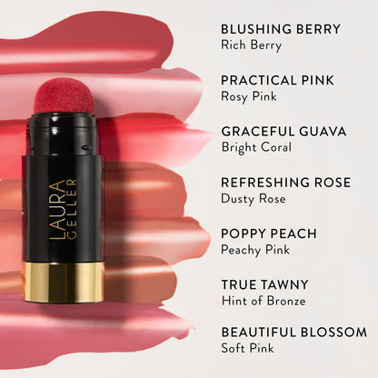 Dewy finish pink liquid blush texture close up view