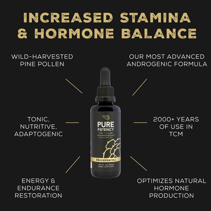 Surthrival Pine Pollen tincture dropper bottle showing violet Miron glass premium packaging.