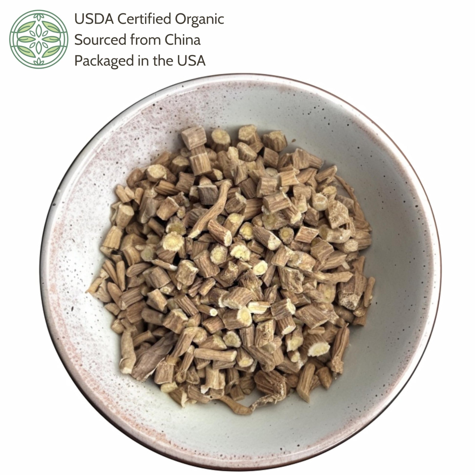 Cut and sifted dried Huang Qi herbal supplement bag close up view.