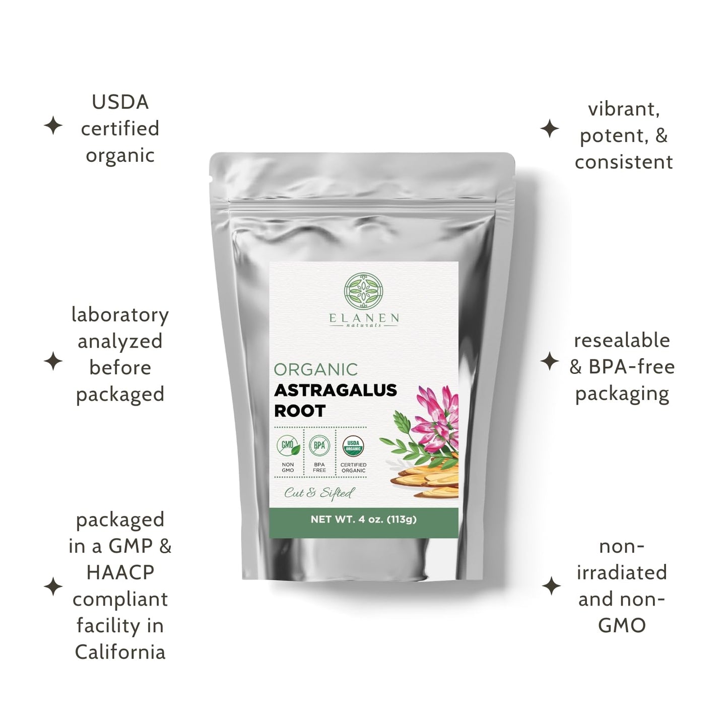 Premium USDA organic certified astragalus root bag back label details.