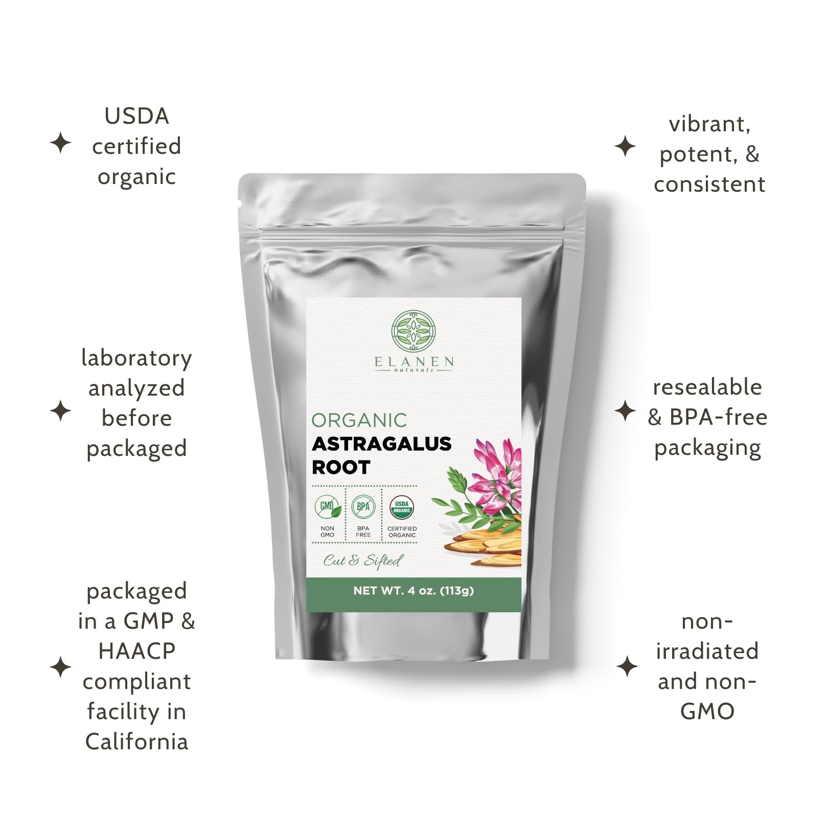 Premium USDA organic certified astragalus root bag back label details.