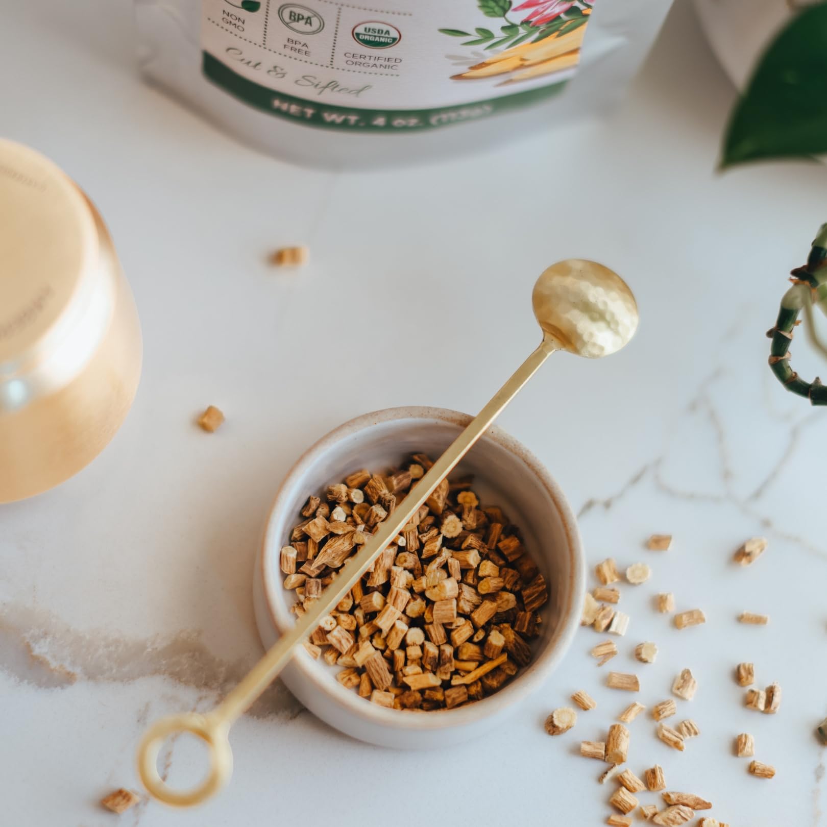 BPA free packaging of non irradiated organic astragalus root product shot.