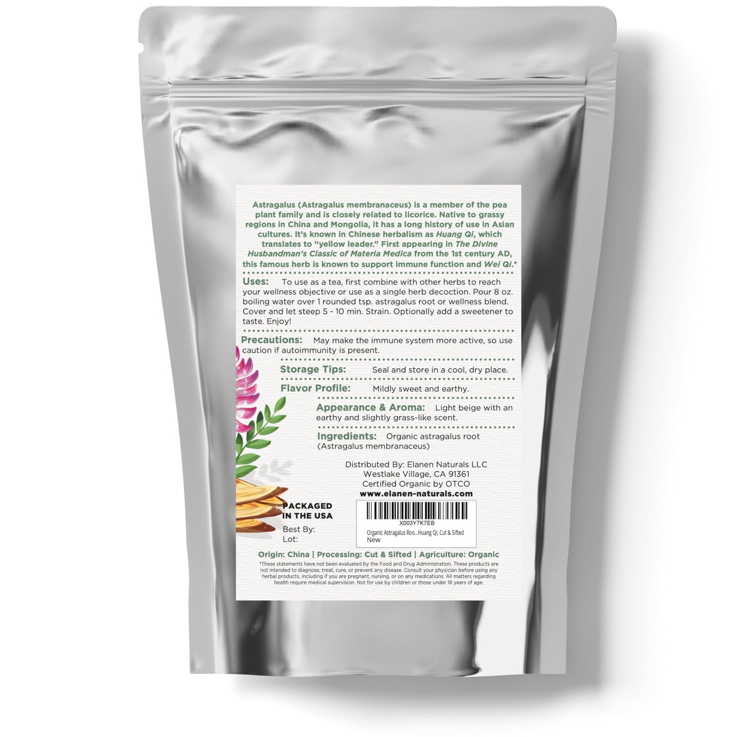 Clinical herbalist selected pure huang qi root tea bag presentation.