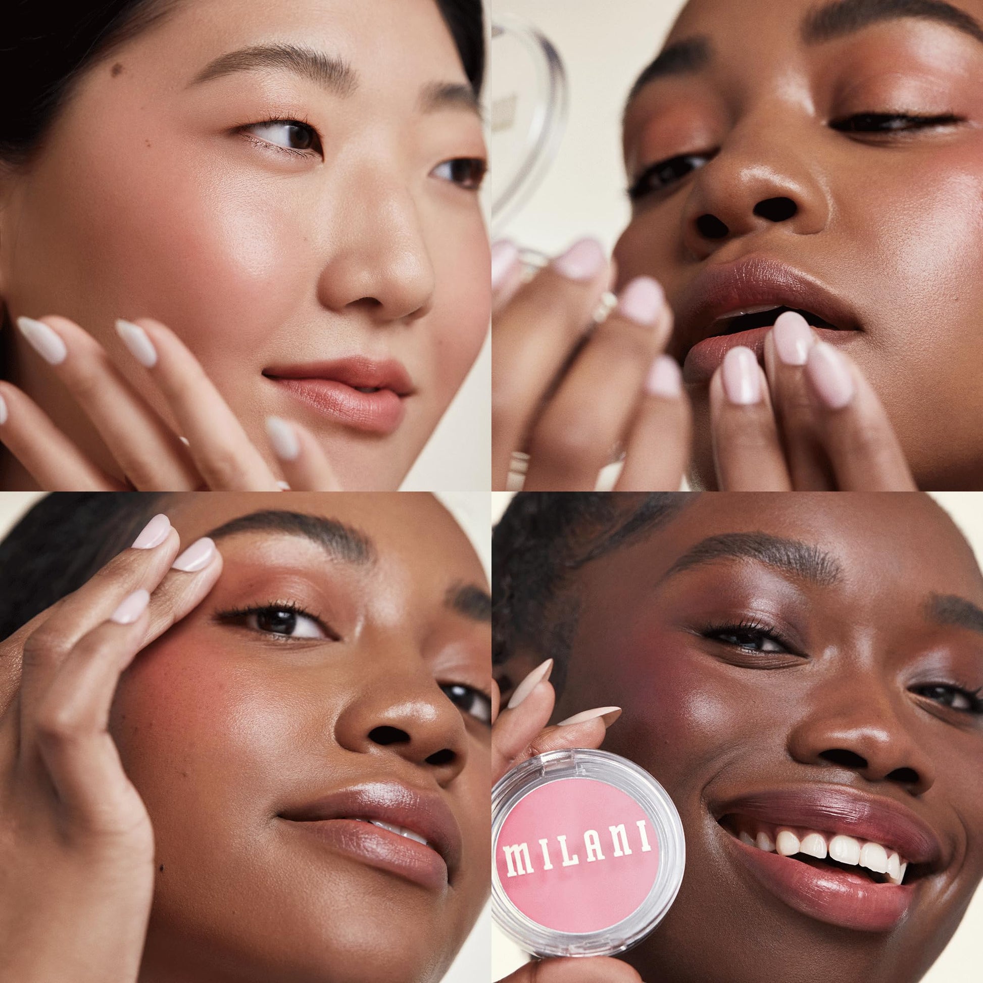 Swatches of the hydrating Nude Kiss cream blush on different skin tones.