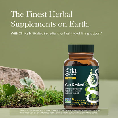 Gaia Herbs Gut Revival supplement facts and organic ingredients label showing AstraGin blend.