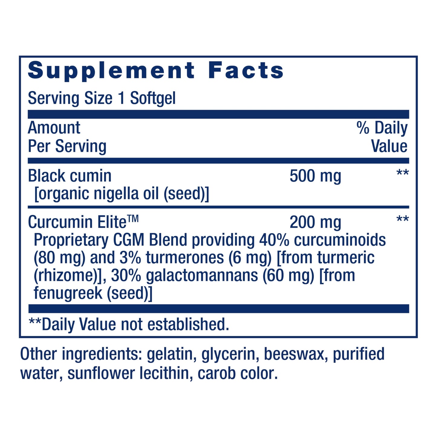 Sixty count bottle of Life Extension black cumin and turmeric softgels