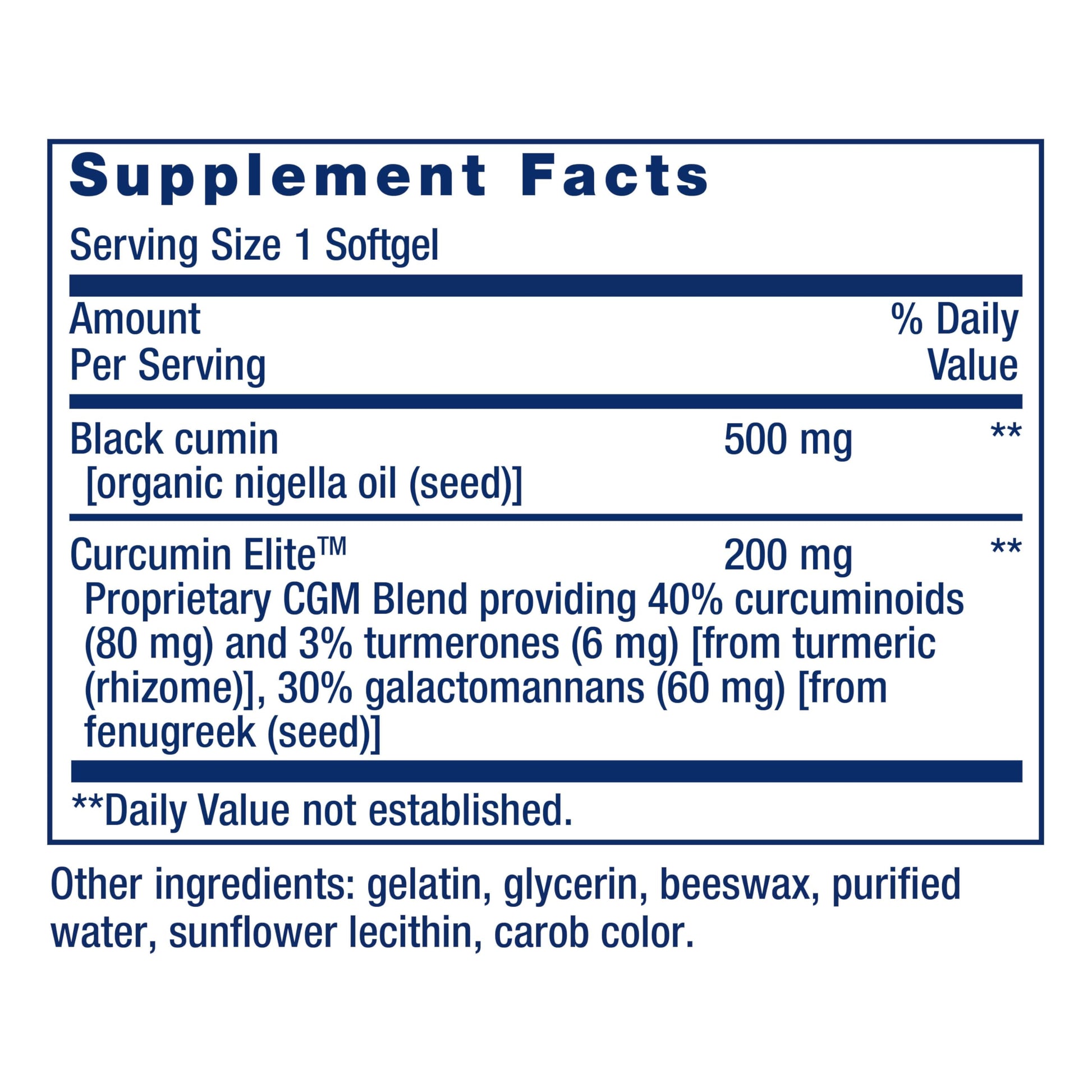 Sixty count bottle of Life Extension black cumin and turmeric softgels
