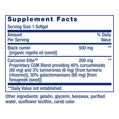 Sixty count bottle of Life Extension black cumin and turmeric softgels