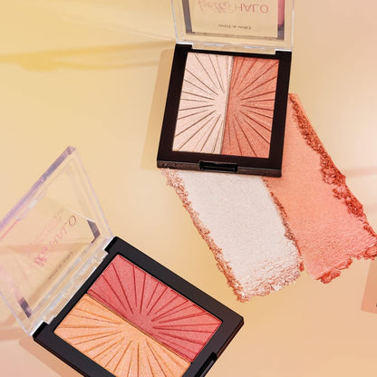Lifestyle shot of the compact beauty product alongside a makeup brush illustrating the seamless application.
