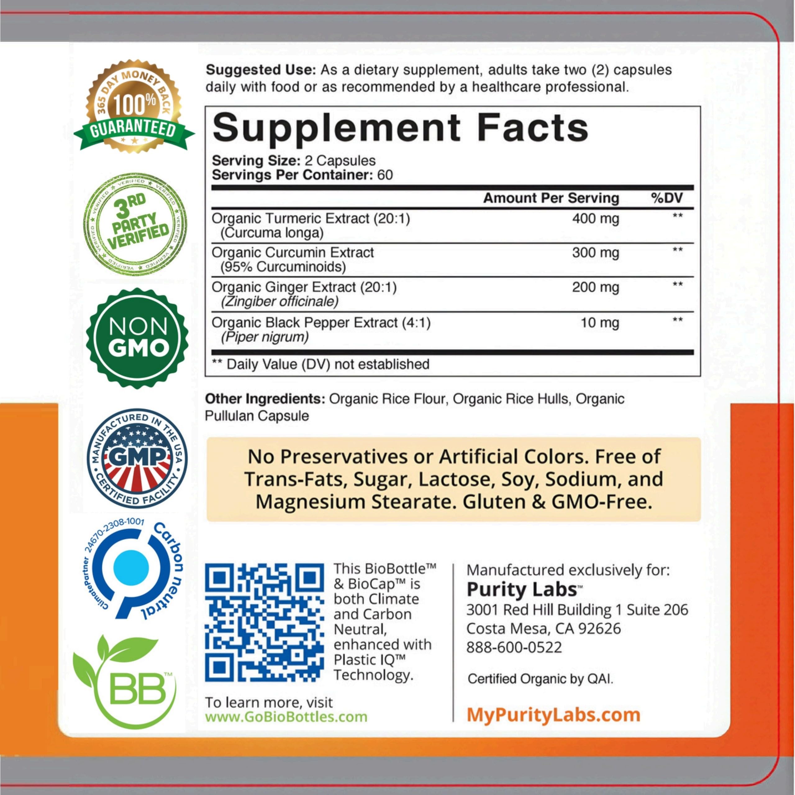 Purity Labs Turmeric supplement 120 capsules label detail