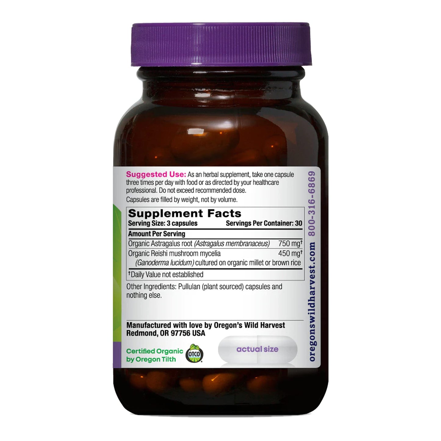Oregon's Wild Harvest Astragalus Reishi organic immune supplement ingredients label view