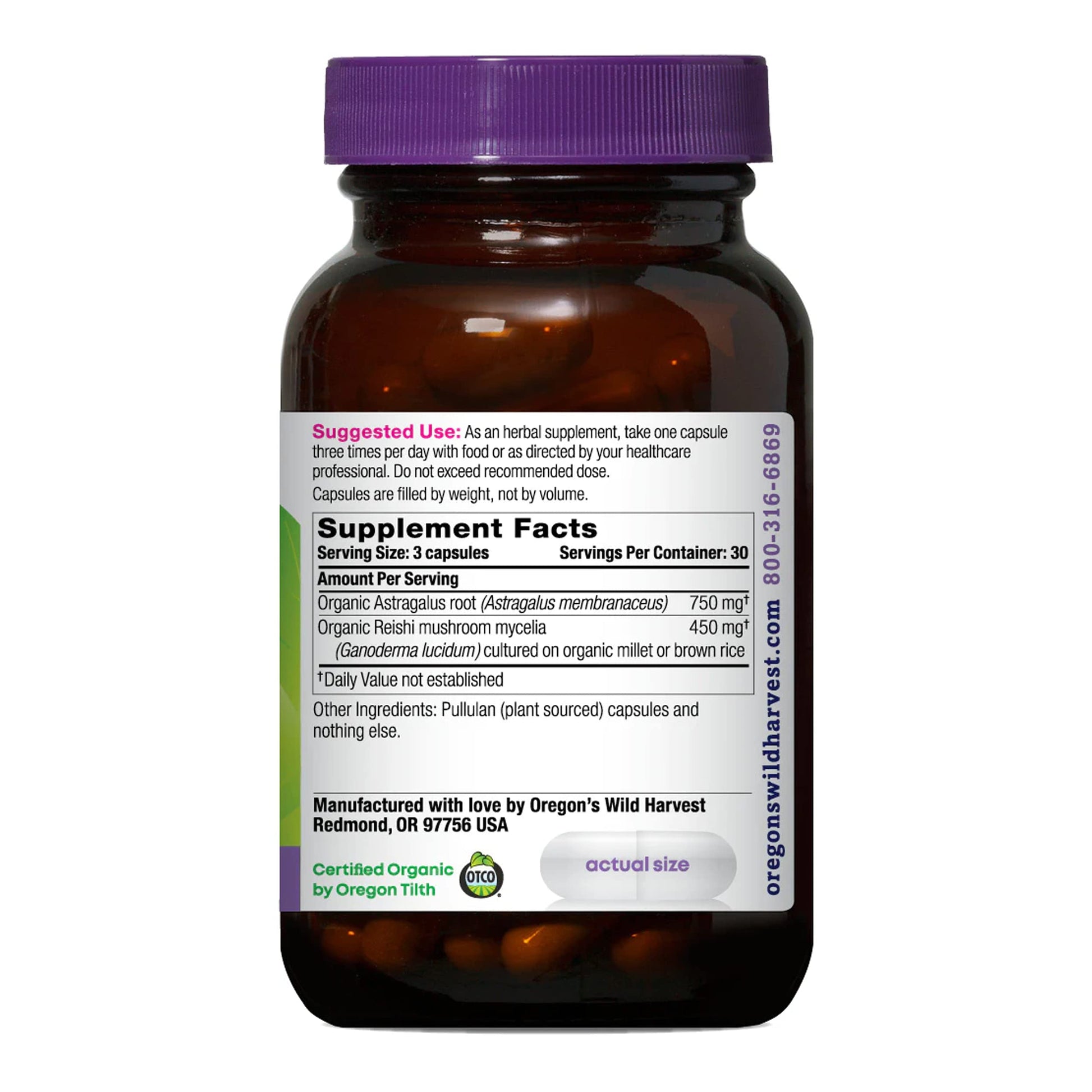 Oregon's Wild Harvest Astragalus Reishi organic immune supplement ingredients label view