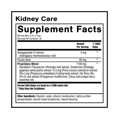 Side view of Quicksilver Scientific Kidney Care 3.38 fluid ounce showing clear instructions for use and precise supplement facts panel.