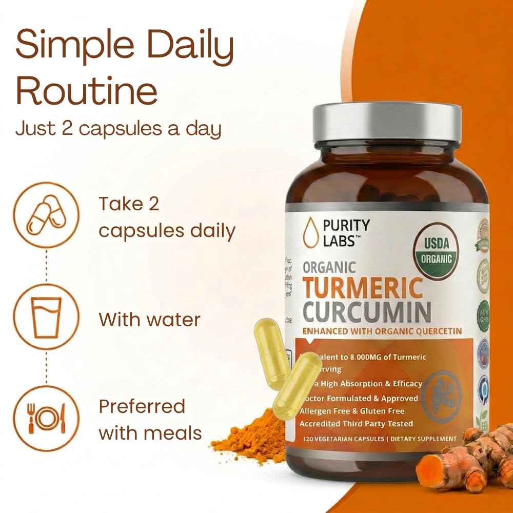 Side view of organic turmeric capsules bottle with ingredients
