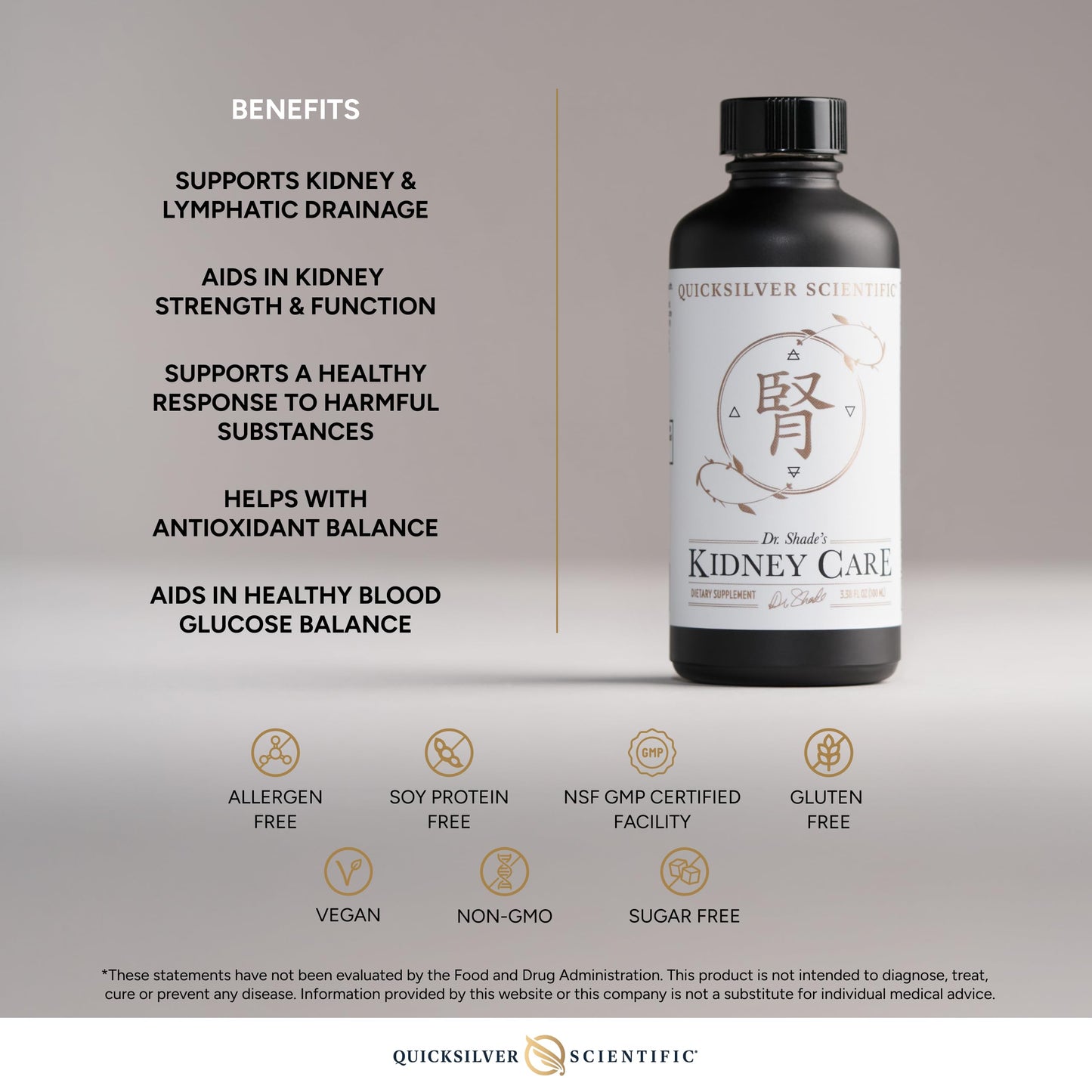 Authentic imported Quicksilver Scientific Kidney Care packaging detailing the liposomal delivery technology for enhanced renal support.