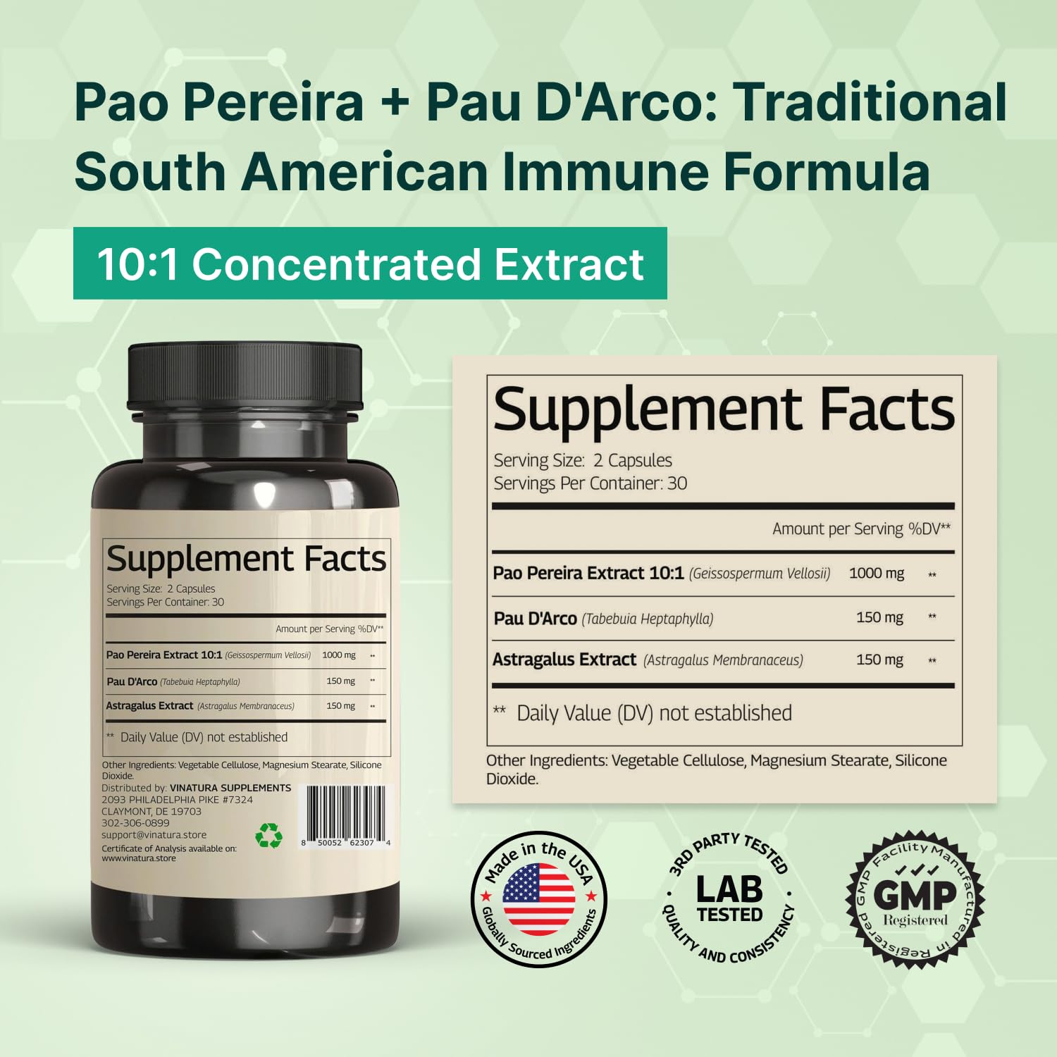 Vinatura immune support supplement showing capsule size and serving information
