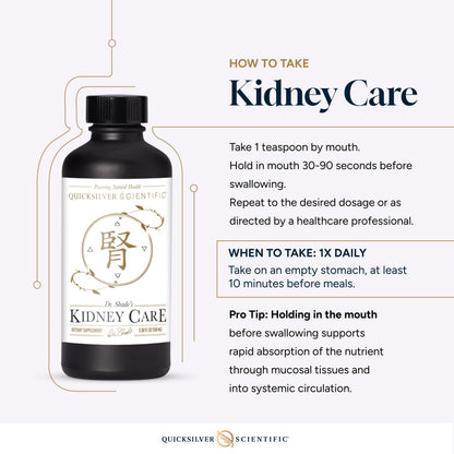 The complete retail packaging of Quicksilver Scientific Kidney Care detoxification liquid displaying the official batch codes and seals.