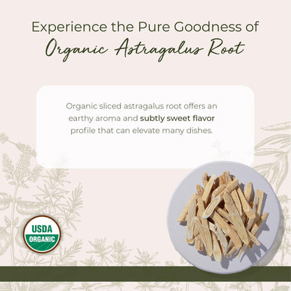 Dried pieces of thin smooth organic astragalus root slices arranged clearly beside the resealable wellness packaging.