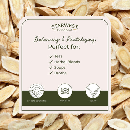 Brewing an immune support herbal tea using authentic starwest botanicals dried astragalus root slices in boiling water.