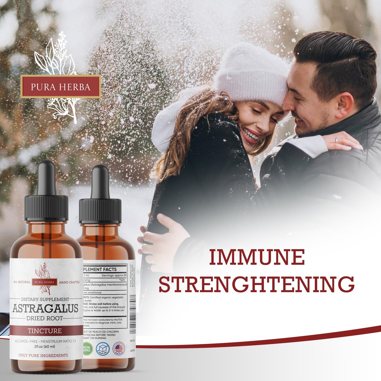 Pura Herba alcohol free liquid astragalus supplement showing side label ingredients and instructions