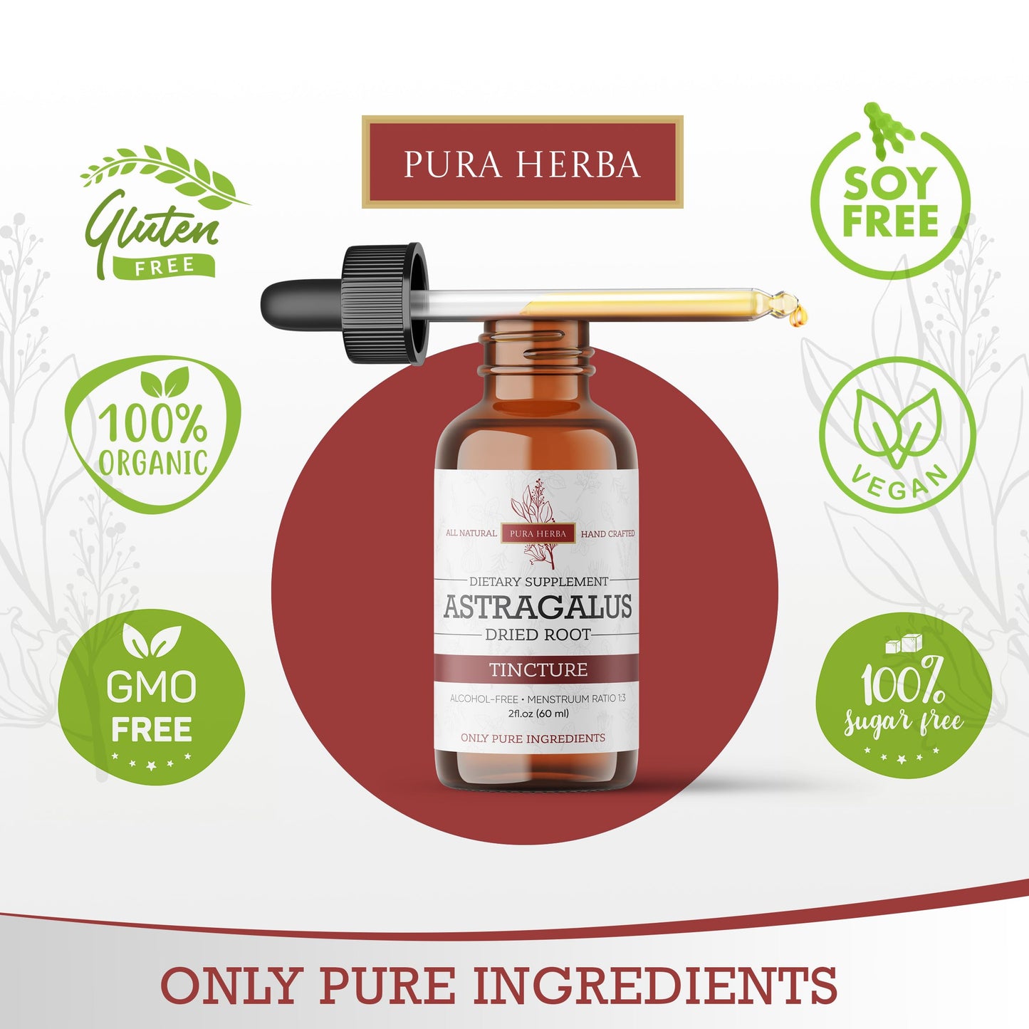 USA imported Pura Herba vegan organic astragalus root tincture bottle with dropper apparatus