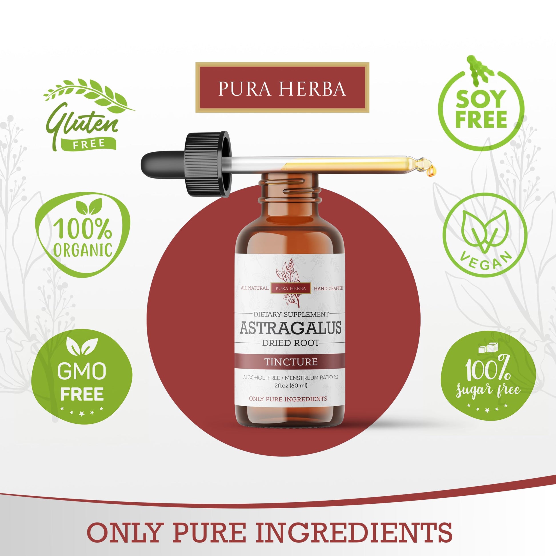USA imported Pura Herba vegan organic astragalus root tincture bottle with dropper apparatus