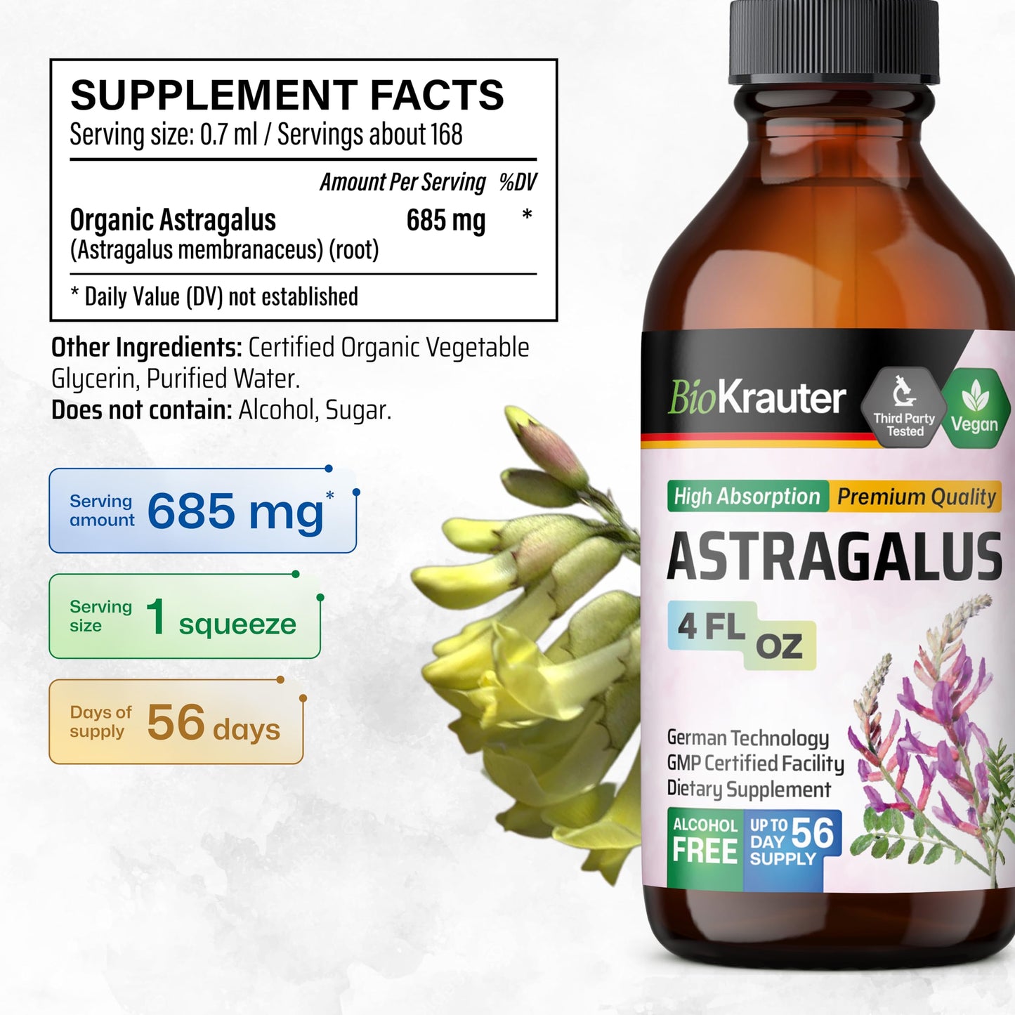 Side profile of Bio Krauter Astragalus Tincture displaying the vegan and non-GMO labels
