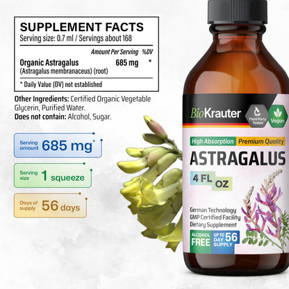 Side profile of Bio Krauter Astragalus Tincture displaying the vegan and non-GMO labels