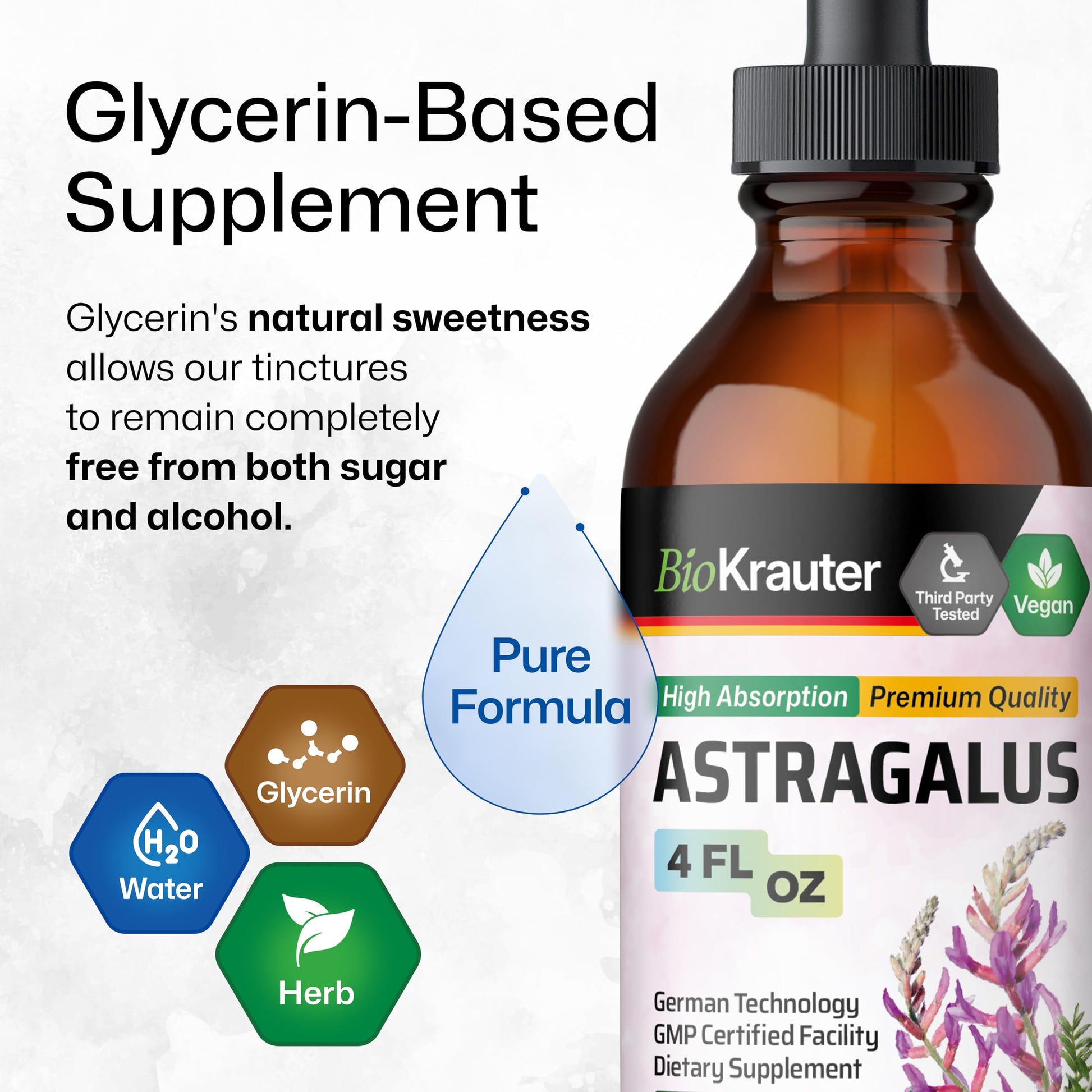 Bio Krauter Astragalus liquid tincture highlighting the four fluid ounces volume packaging
