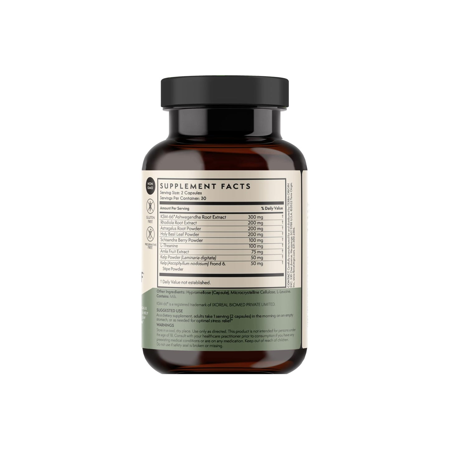 Terra Origin healthy stress relief sixty capsules bottle nutrition facts