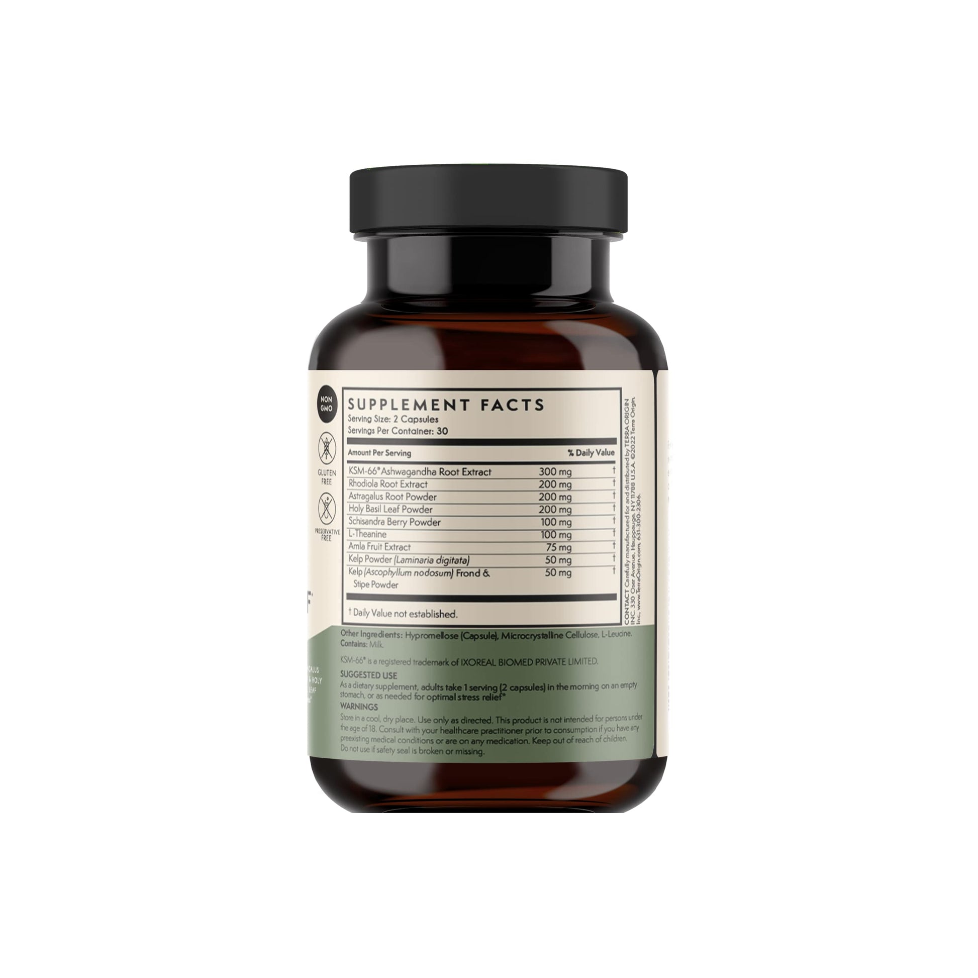Terra Origin healthy stress relief sixty capsules bottle nutrition facts