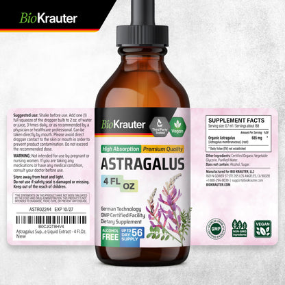 Bio Krauter Astragalus Tincture bottle placed upright highlighting the clean sugar free dietary formula
