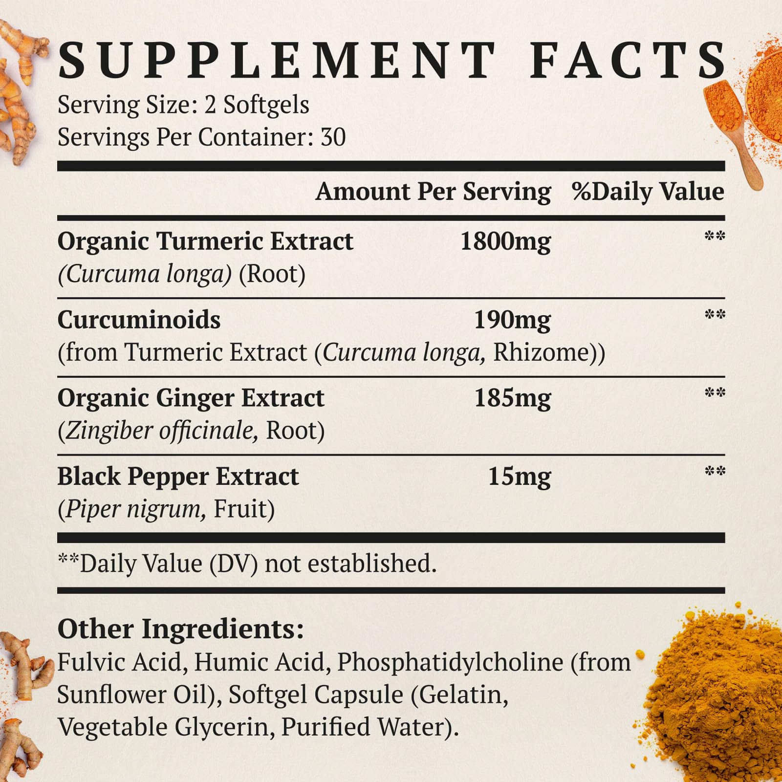 Svaiketa Liposomal Turmeric Curcumin softgel supplement label details