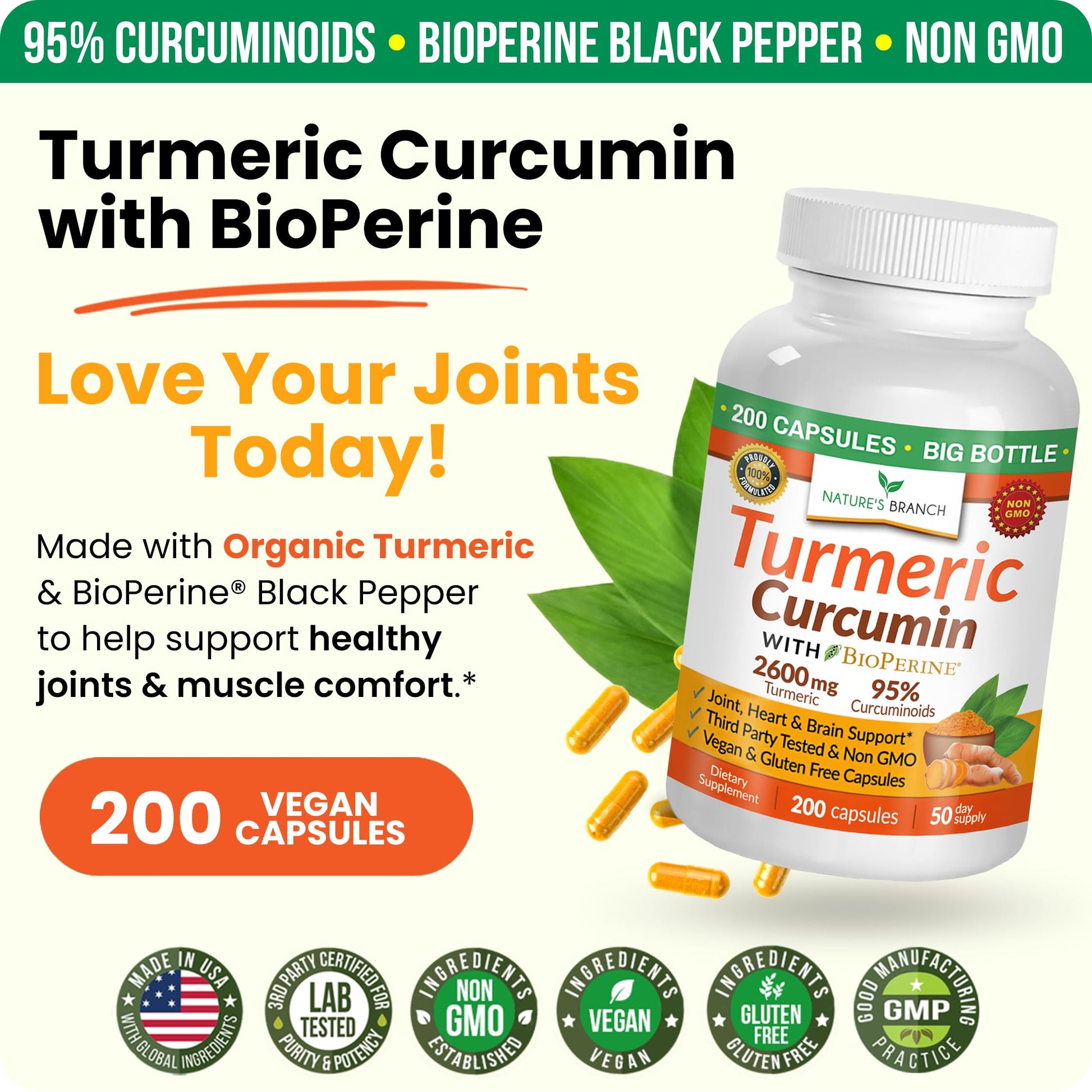 Top view of Natures Branch Turmeric Curcumin supplement bottle