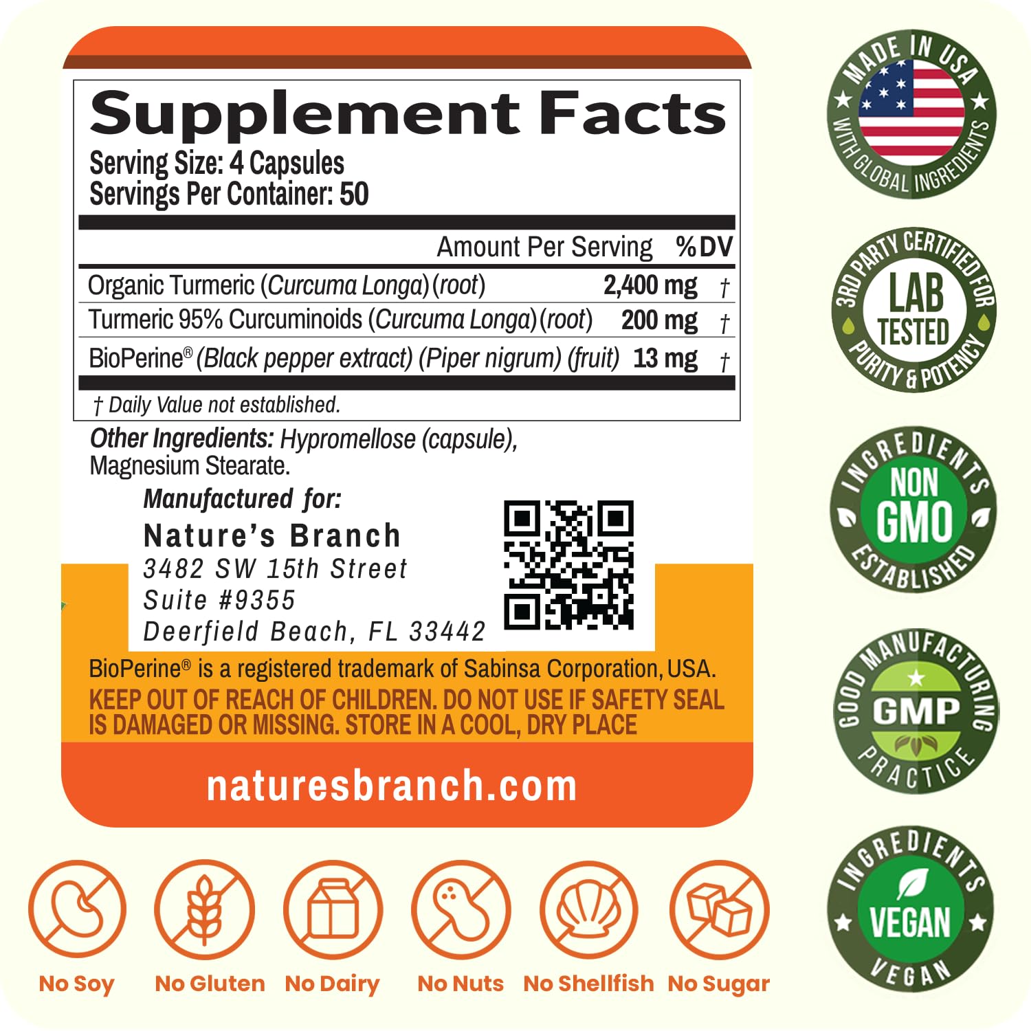 Natures Branch Turmeric Curcumin packaging showing 200 count