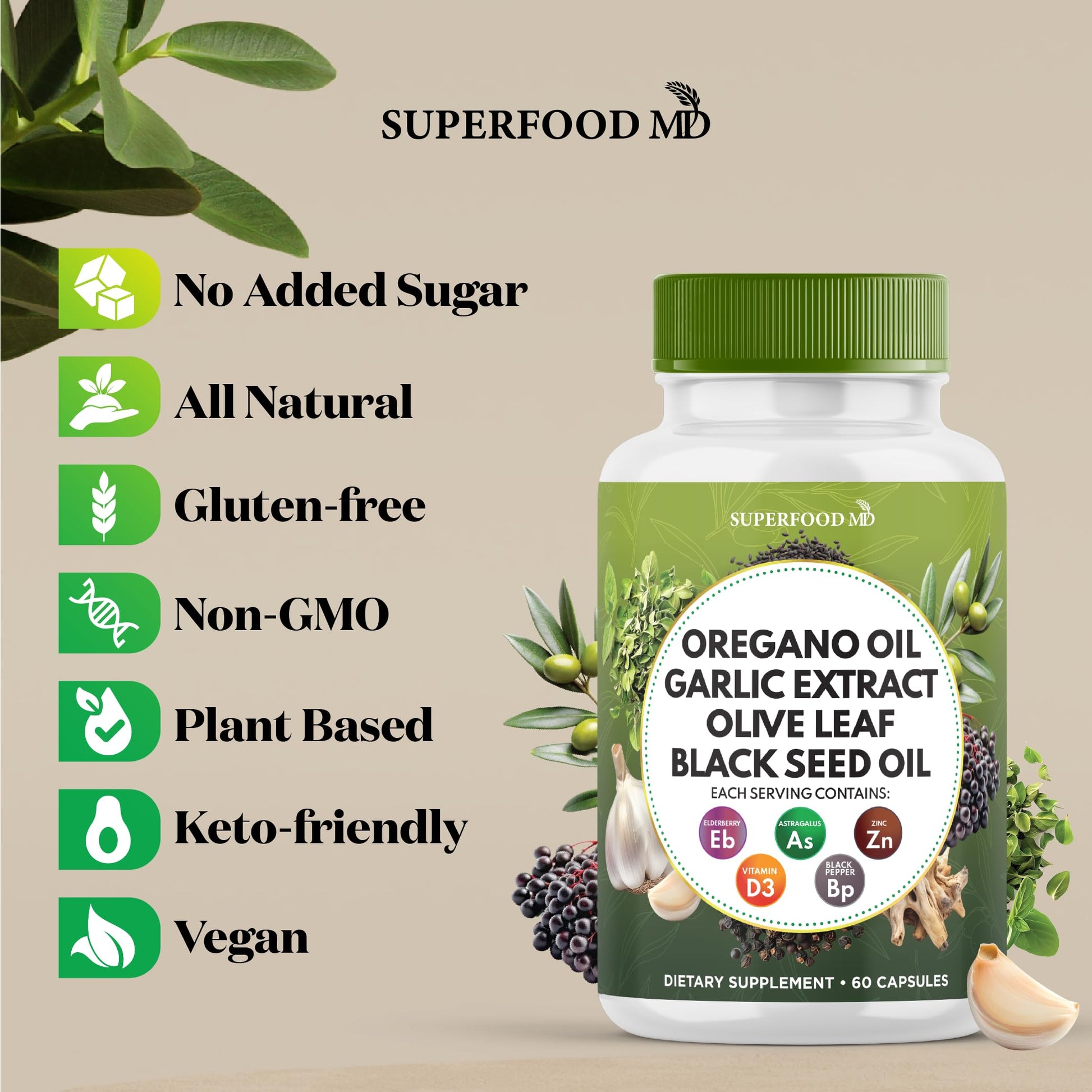 Superfood MD dietary supplement bottle standing on clean surface
